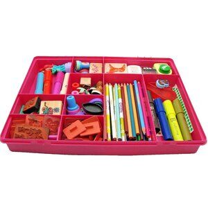 Arts Crafts Box Stamps Pads Pencils Paper Punch Draw Organized Travel Kids Pink